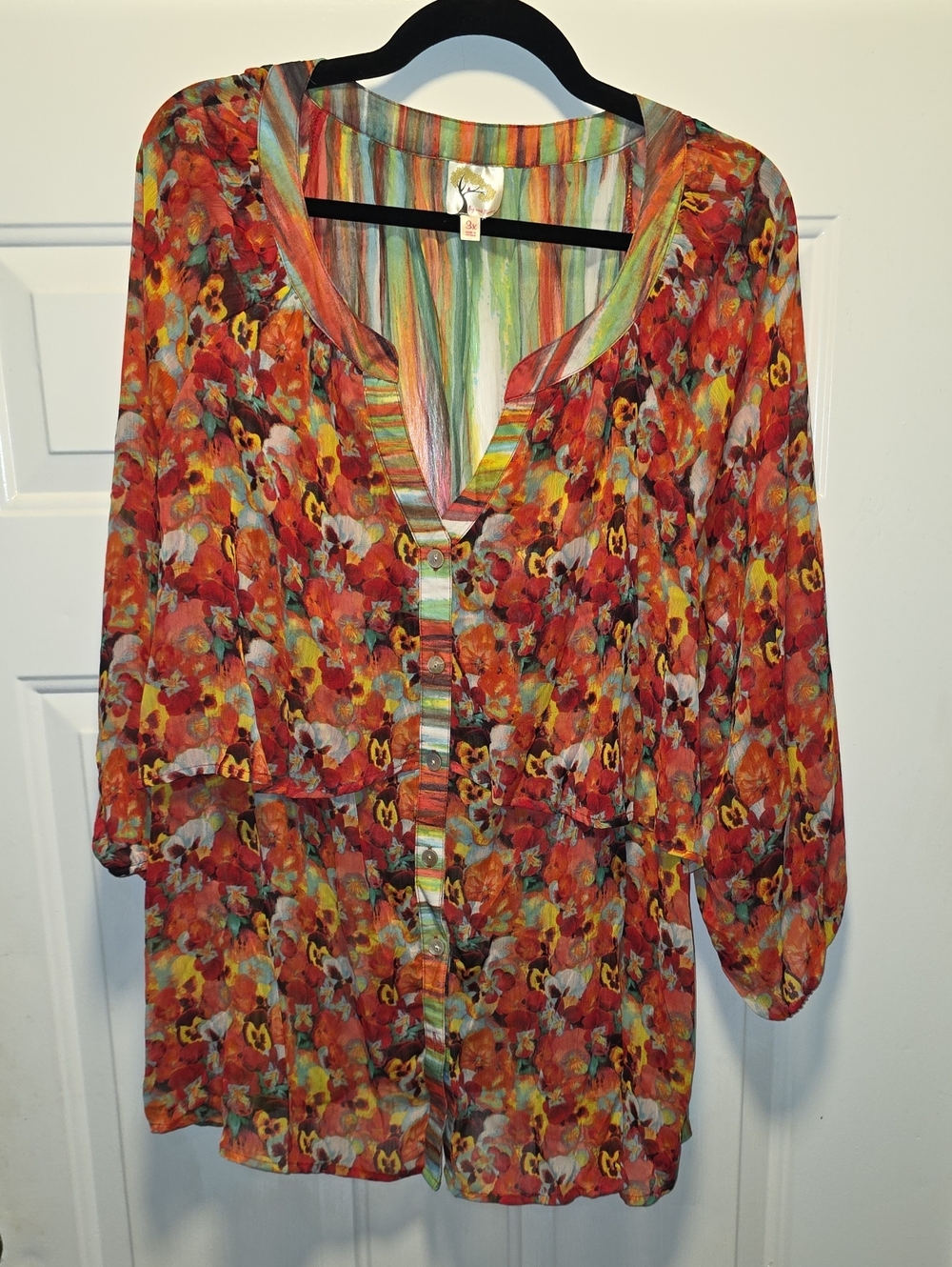 fig and flower Orange Floral Sheer Button-Front Tunic